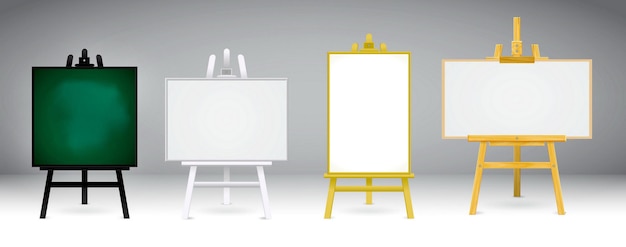 Set of realistic wooden easel or wood easels painting or art boards 
canvas in different size