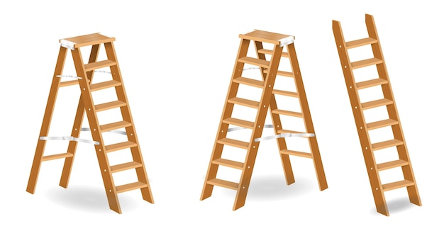 建設の必要性または階段のはしご用の現実的な木製の階段または金属製のはしごステップのセット