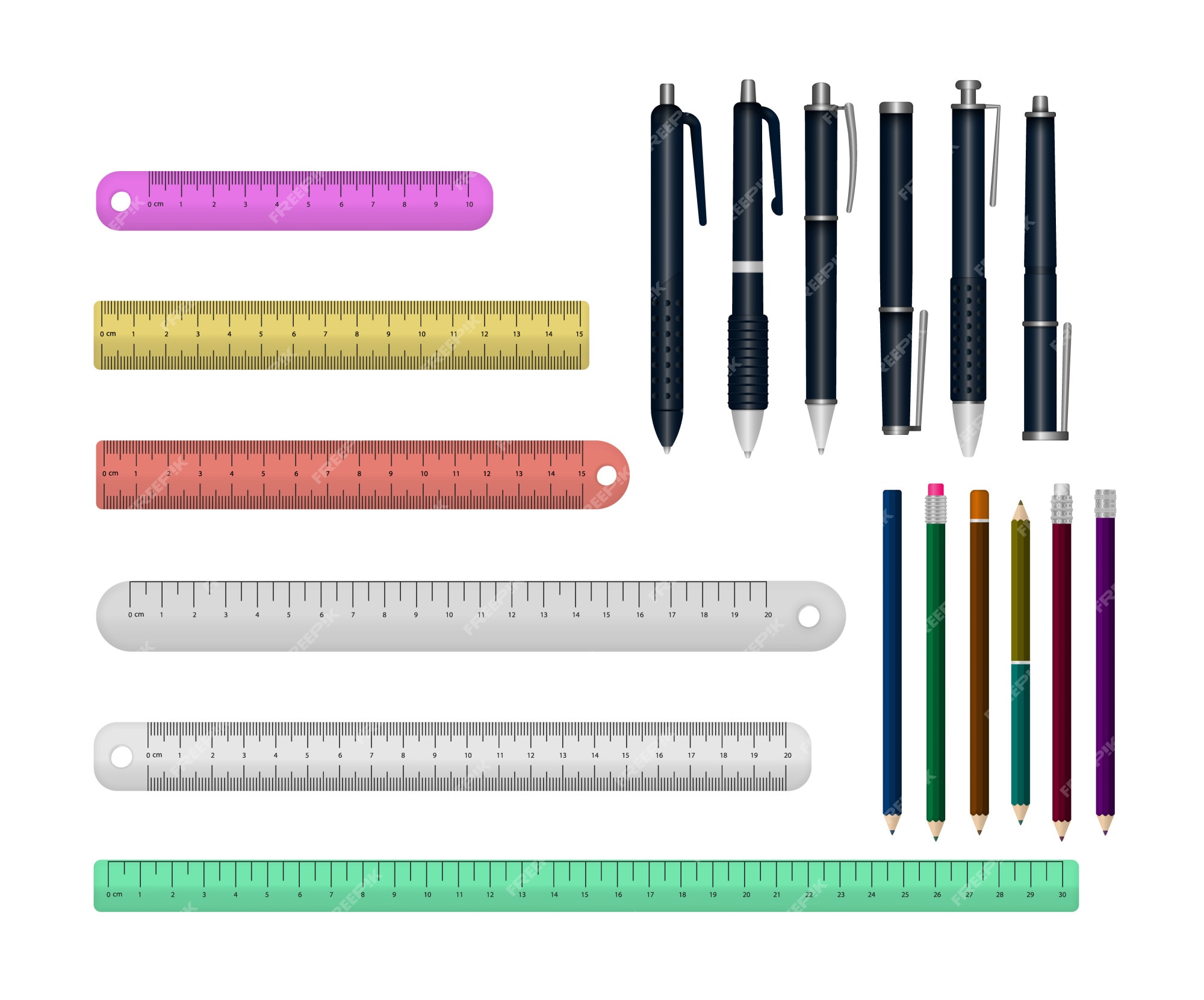 Multicolored Pens Isolated On White Background Mock Up Vector