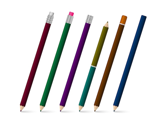 Set of realistic writing pen  on a white background.  colored school stationery. Template of realistic multi colored plastic pens in different angles.  illustration, .