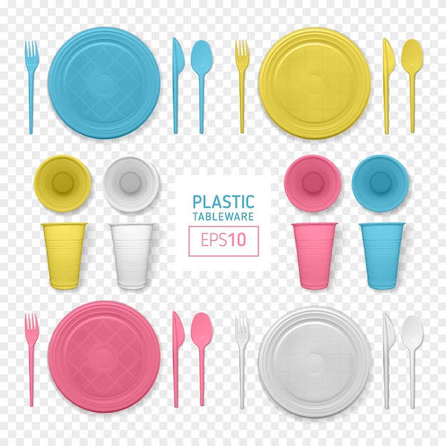 set of realistic yellow and white plastic dishes