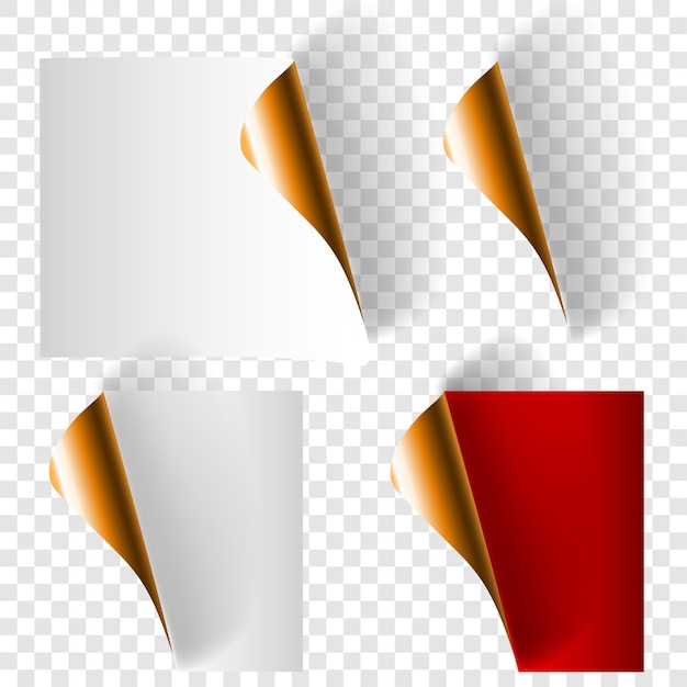 Set realistische gekrulde papieren hoeken in witte, rode en gouden kleuren met schaduwen