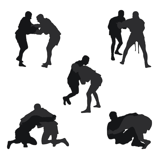 Set of realness silhouettes of sambo athletes in sambo wrestling combat sambo duel fight jiu jitsu