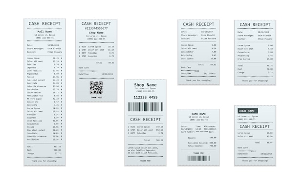 Set of receipt records, design template of bill atm, paper financial check for mockup. realistic payment paper bills for cash or credit card transaction.