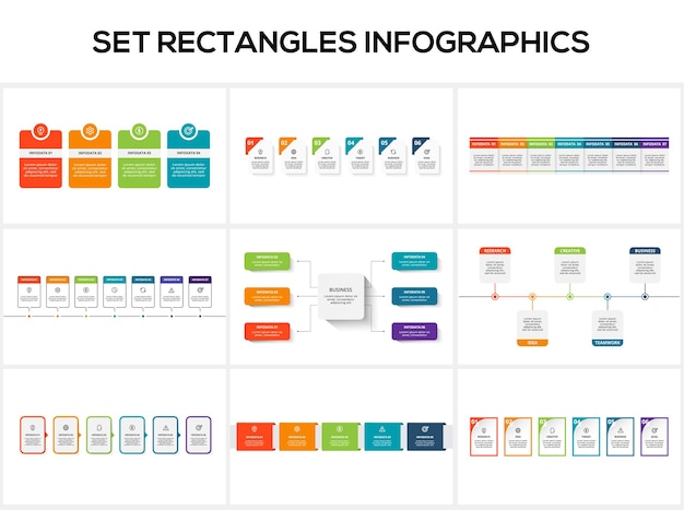 Set rectangles infographics with 4 5 6 7 steps options parts or processes Business data visualization