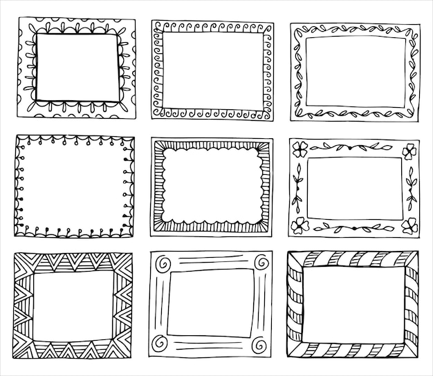 Vector set of rectangular frames in hand drawn doodle style