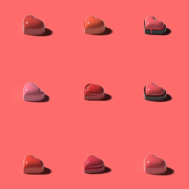 Set of red 3d hearts isolated on a pink background