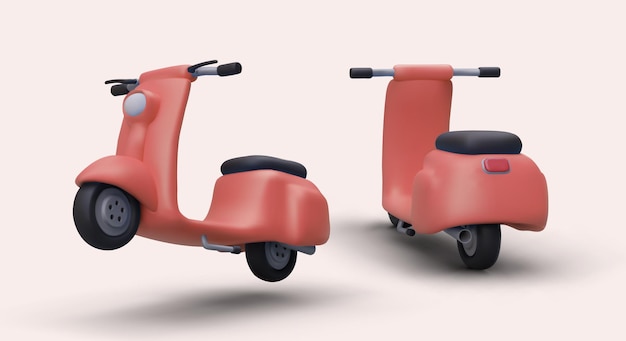 Set of red 3D motor scooters Realistic mopeds from different angles Modern maneuverable vehicle for everyday use Illustration for service of delivery rental and sale of scooters