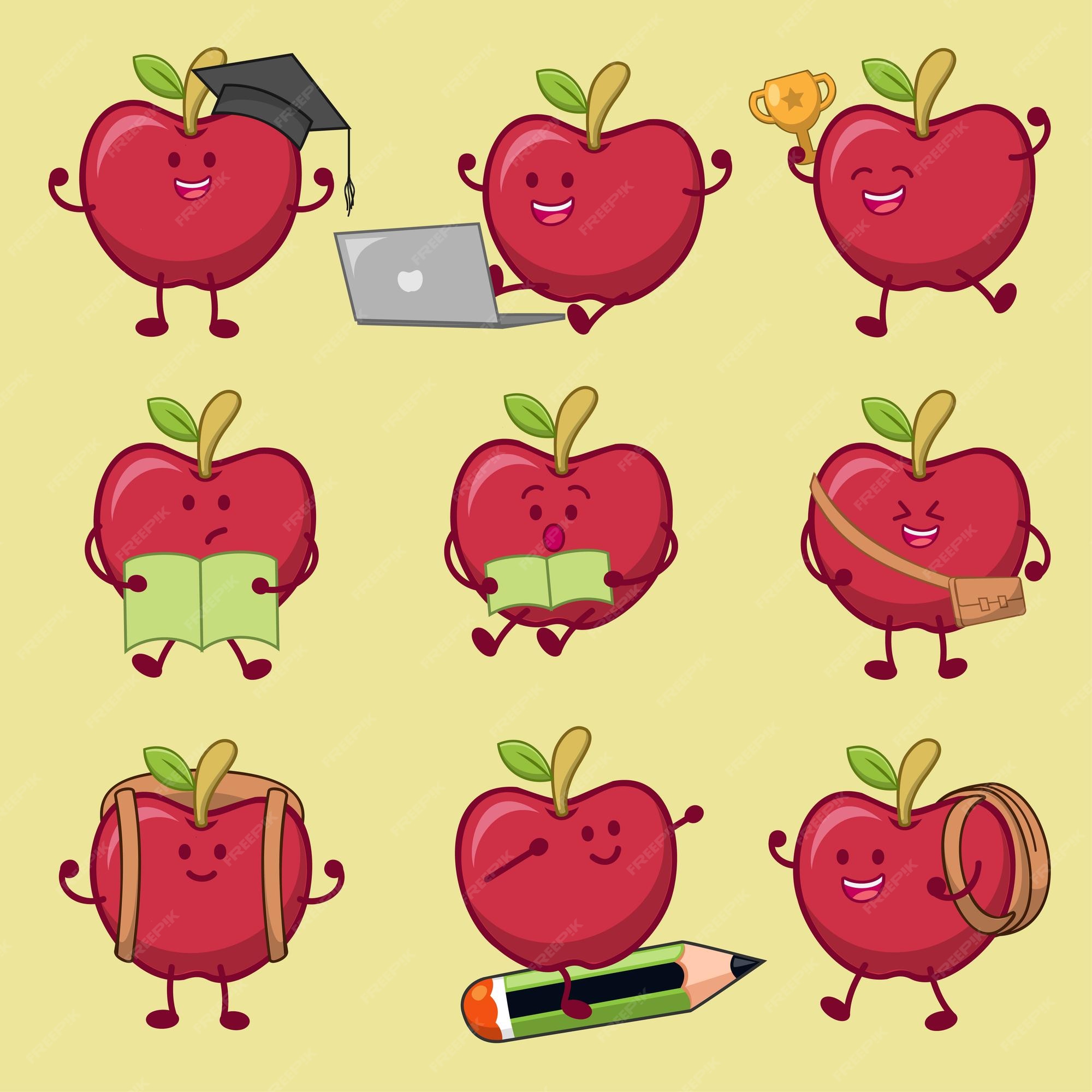 Premium Vector | Set of red apple with various activity include get degree  working on laptop holding trophy reading book backpack traveler in cartoon  character vector illustration