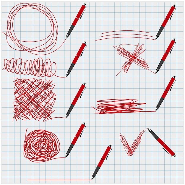 Set of red ballpoint pens with lines and scribbles