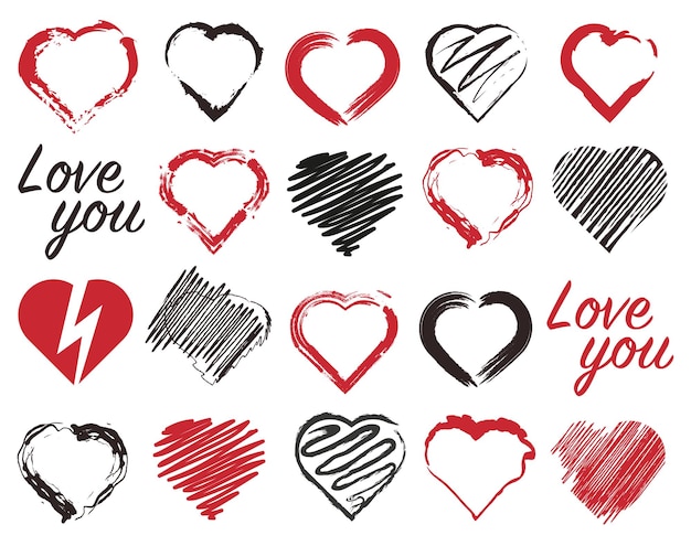 Набор красных и черных сердец. Нарисованная форма для дизайна векторной иллюстрации ко Дню святого Валентина.