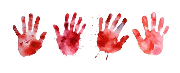 Set of red blood hand print watercolor isolated on white background human hand painting vector illustration