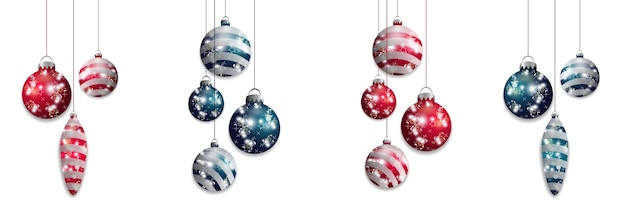 Set red and blue hanging Christmas baubles. Decorative elements isolated    