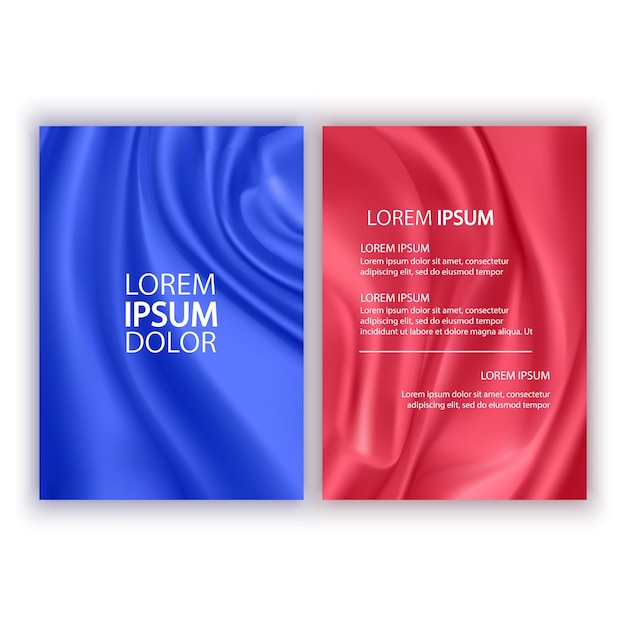 Set of red and blue wavy abstract covers isolated on white background brochures flyers flowing silk