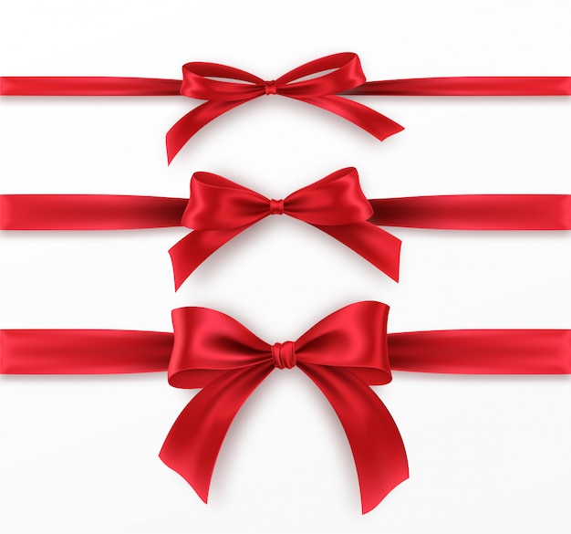 Set Red Bow and Ribbon on white background. Realistic red bow.