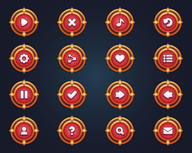 Vector set of red buttons for mobile games game interface cartoon ui buttons set game ui buttons kit