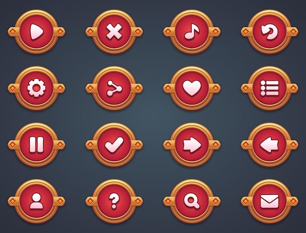 Vector set of red buttons for mobile games game red interface cartoon ui buttons set ui elements