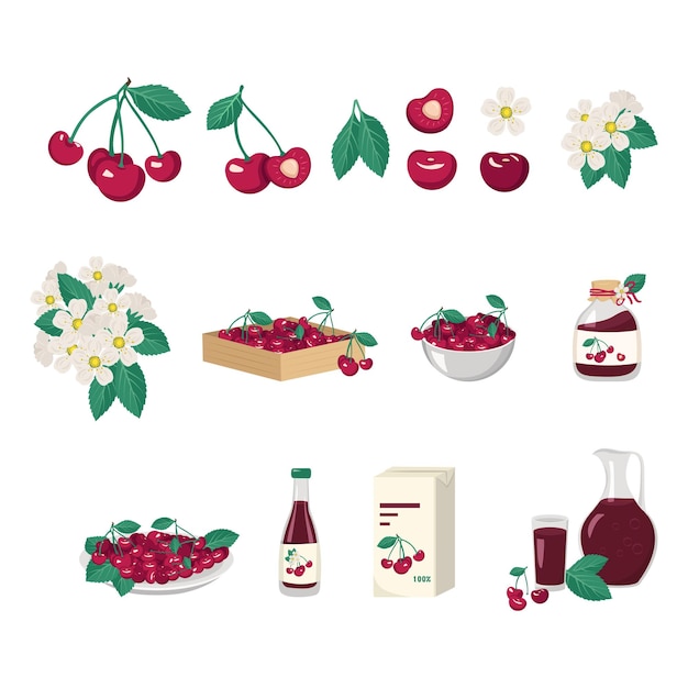 Set of red cherries leaves flowers and product from it