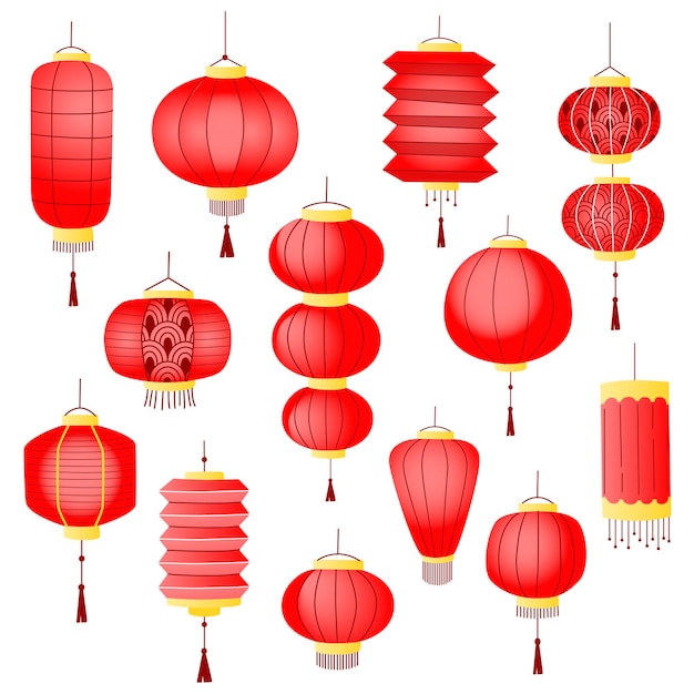 Set of red chinese lanterns isolated on white background. traditional chinese lanterns