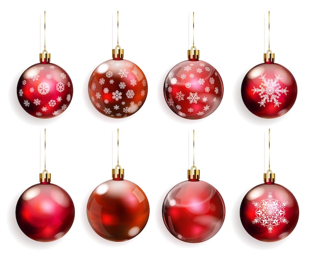 set of red christmas balls with snowflakes
