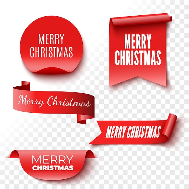 Set of red Christmas banners Ribbons and round sticker Tags Paper scrolls Vector illustration