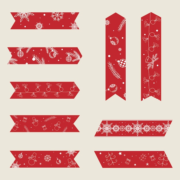 Set of red christmas sticky washi tapes new year clipart