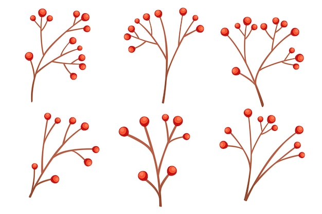 Set of red currant berries on branch without leaves flat vector illustration isolated on white background.