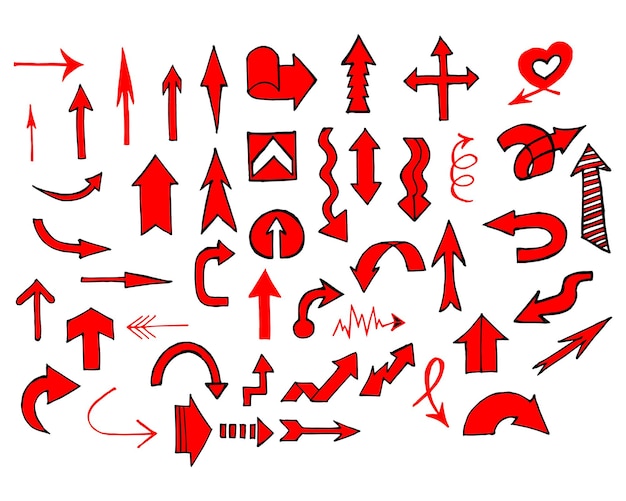 Vector set of red drawn arrows arrows, icons on white background