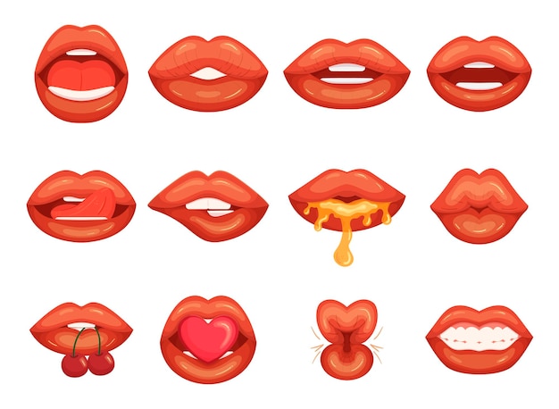 Vector set of red female lips sexy woman lip express different emotions smile kiss licking with honey heart and cherry