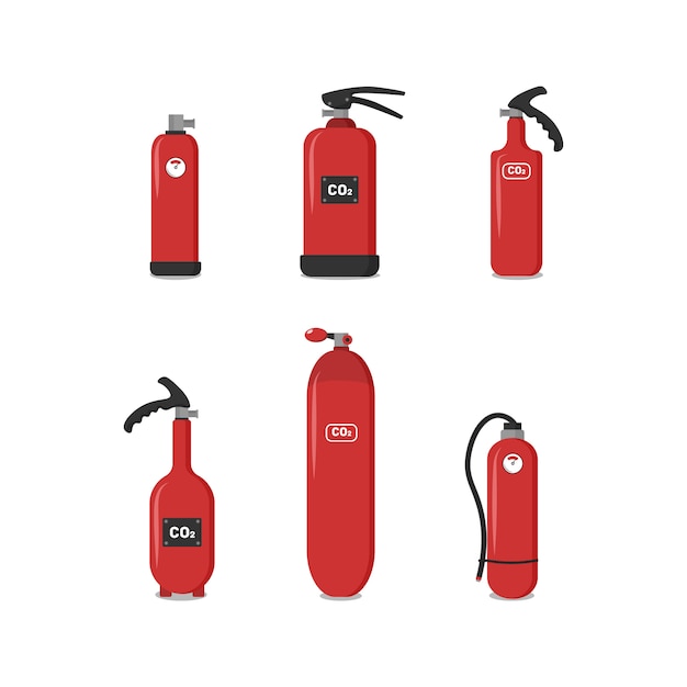 Set of red fire extinguishers, icons - safety symbol - protection equipment - emergency sign. fire extinguisher of various types to ensure the safety of the building, which would protect people.