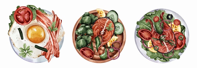 Set of red fish and meat dishes in a watercolor style