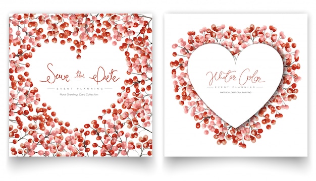 Vector set of red floral watercolor painting cards.