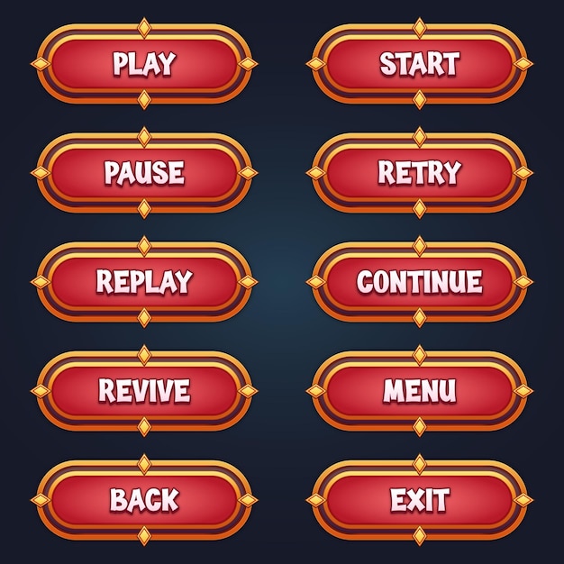 Vector set of red game buttons for mobile games with editable text effect gui to build 2d games