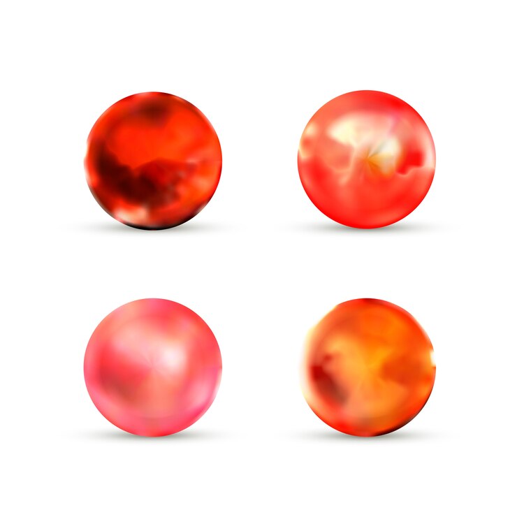 Vector set of red glossy marble balls with glare on white