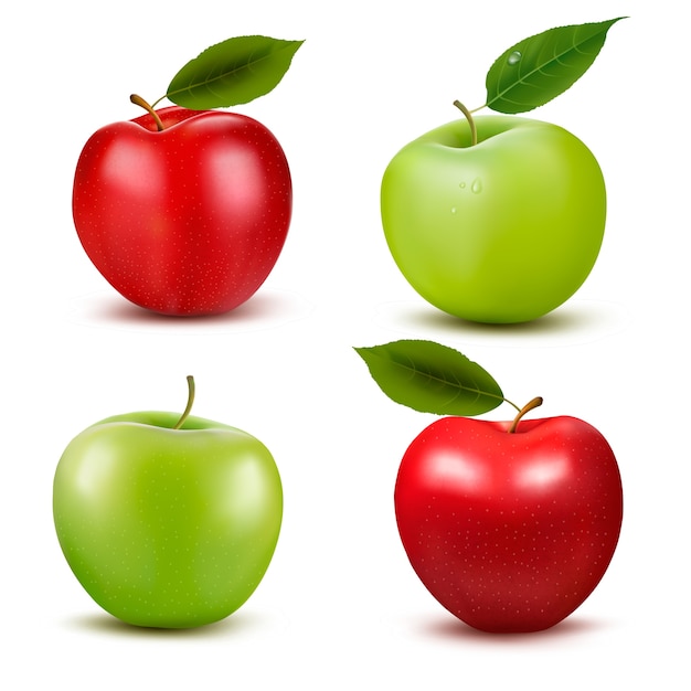 Set of red and green apple fruits with cut and green leaves