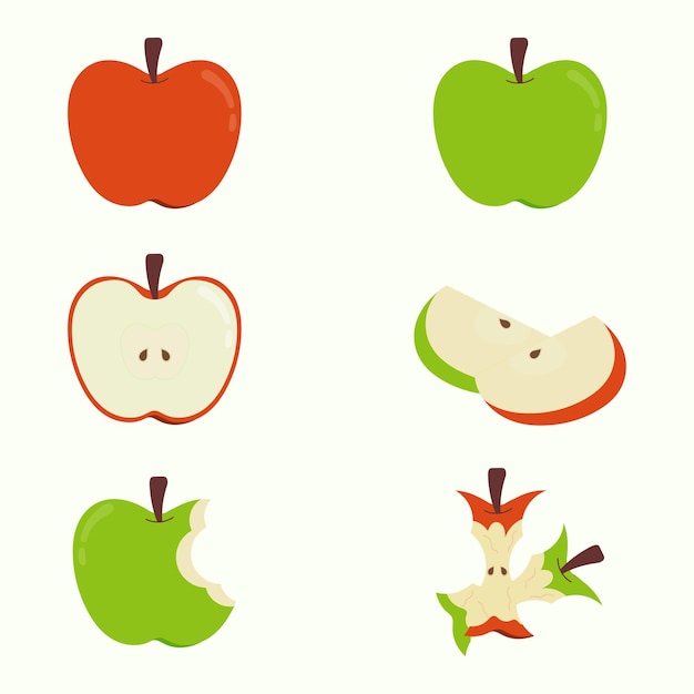 さまざまな形の赤と緑のリンゴのセット。果物全体、半分、リンゴの芯の分離