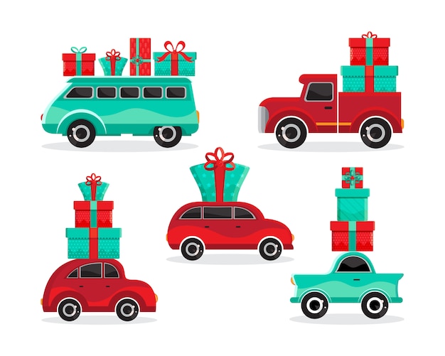 Set of red and green cars with gifts