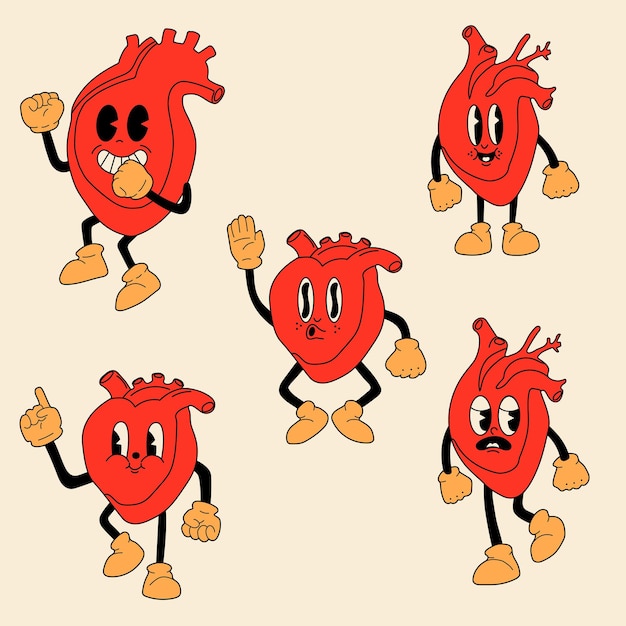 Set of Red hearts cute mascots with happy face in retro comic style. Happy Valentines day set vector