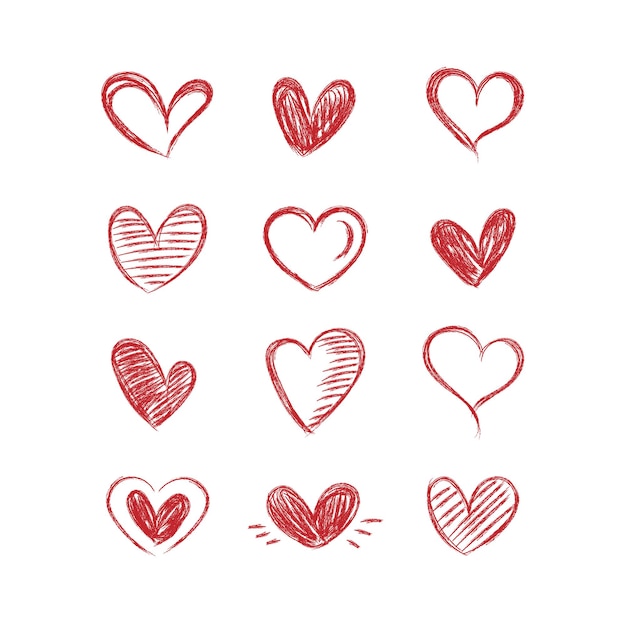 Set of red hearts hand drawn