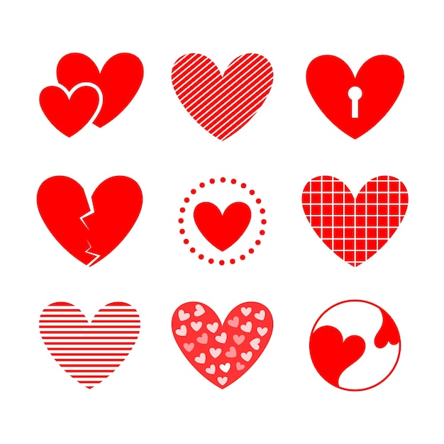 Set of red hearts in various styles