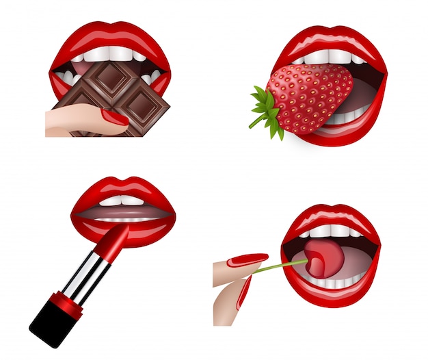 Set of red lips. Female lips with chocolate, strawberry,  lipstick and cherry