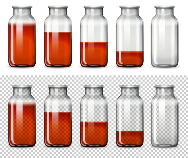 Set of red liquid in bottle