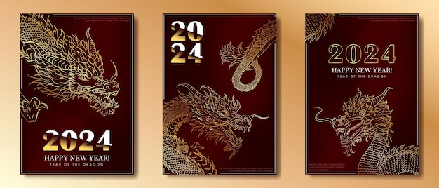 Set of Red luxury posters with hand drawn golden Asian dragon for 2024 Lunar New Year Christmas card