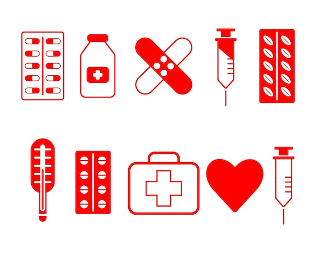 Set of red medical icons, thermometer, syringe, adhesive plaster, pills. Pharmaceutical and medical