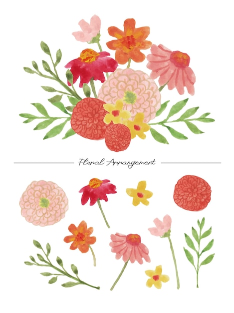 a set of red orange yellow flower watercolor element and a beautiful flower arrangement