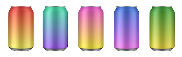 Set of red pink yellow green blue and purple tin cans of energy drink soda Cold beverages Gradient