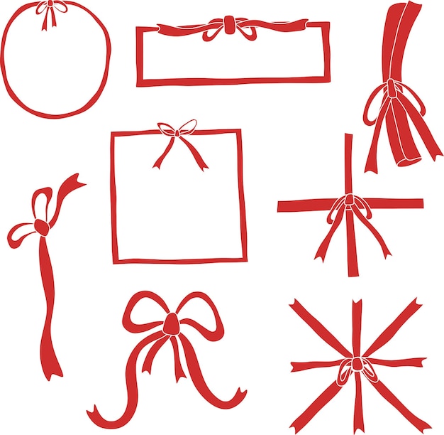 Set of red ribbons with red bow on top left corner transparent