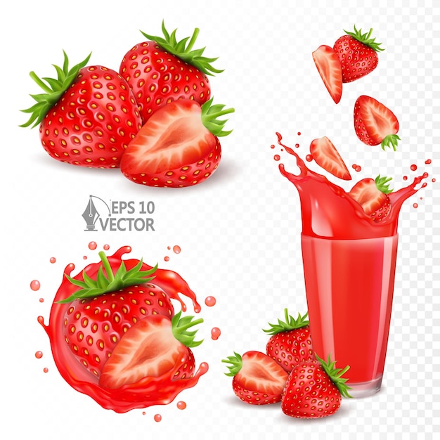 Set di fragole mature rosse e spruzzi succosi bacche che cadono nel succo in un bicchiere vettore realistico