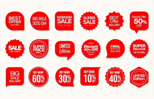 Set of red sale badges tags and labels design vector illustration