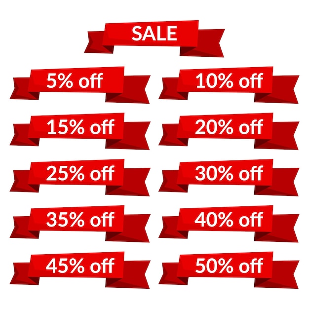 Set of red sale ribbons with different discount values